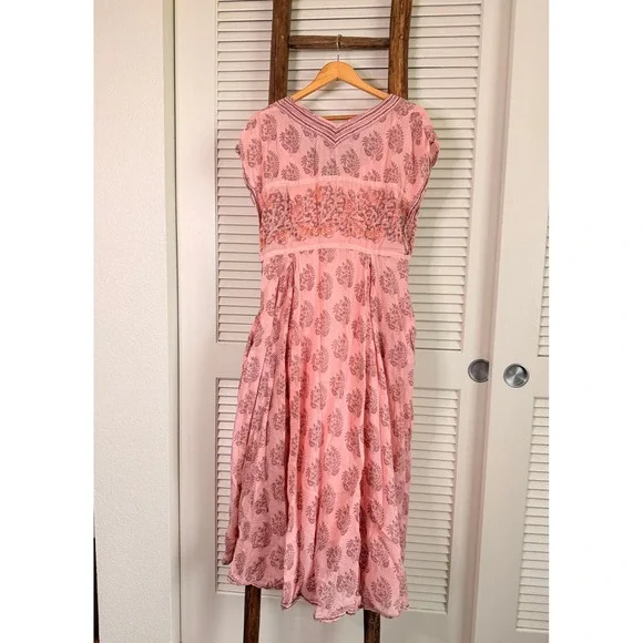 Free People Midi Dress Womens XL Pink Paisley Embroidered Boho Gauze - Picture 2 of 4
